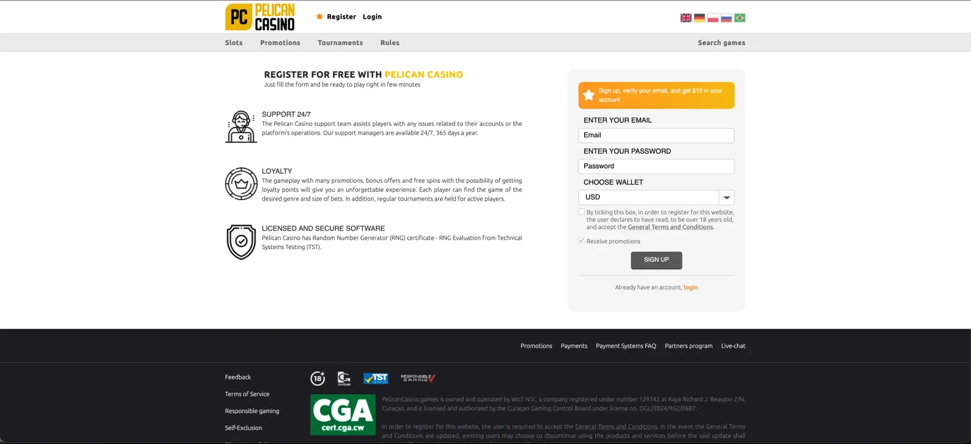 Formularz rejestracji w Pelican Casino